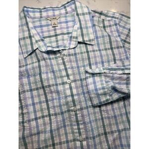 L.L.Bean Seersucker Plaid Button Down Shirt Striped Long Sleeve Cotton Womens LG